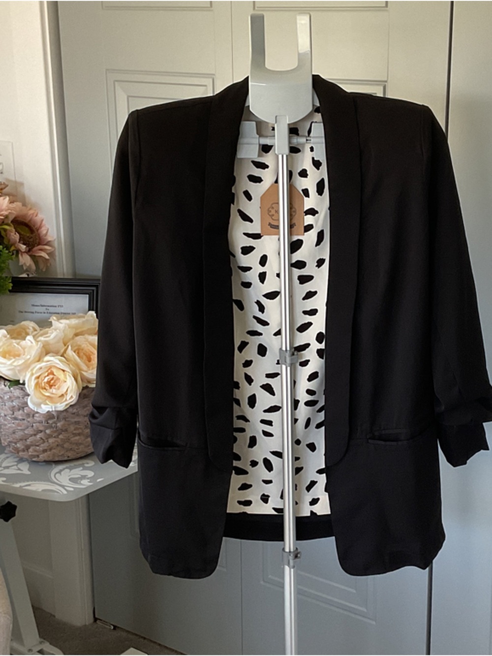 Kori Black Open-Front Blazer with Rolled Sleeves